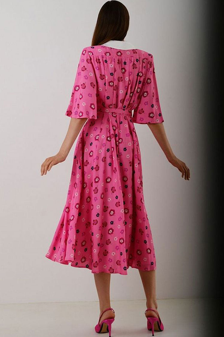 Contrast Collar Deep V-Neck Short Sleeve Belted Pleated Floral Midi Dress