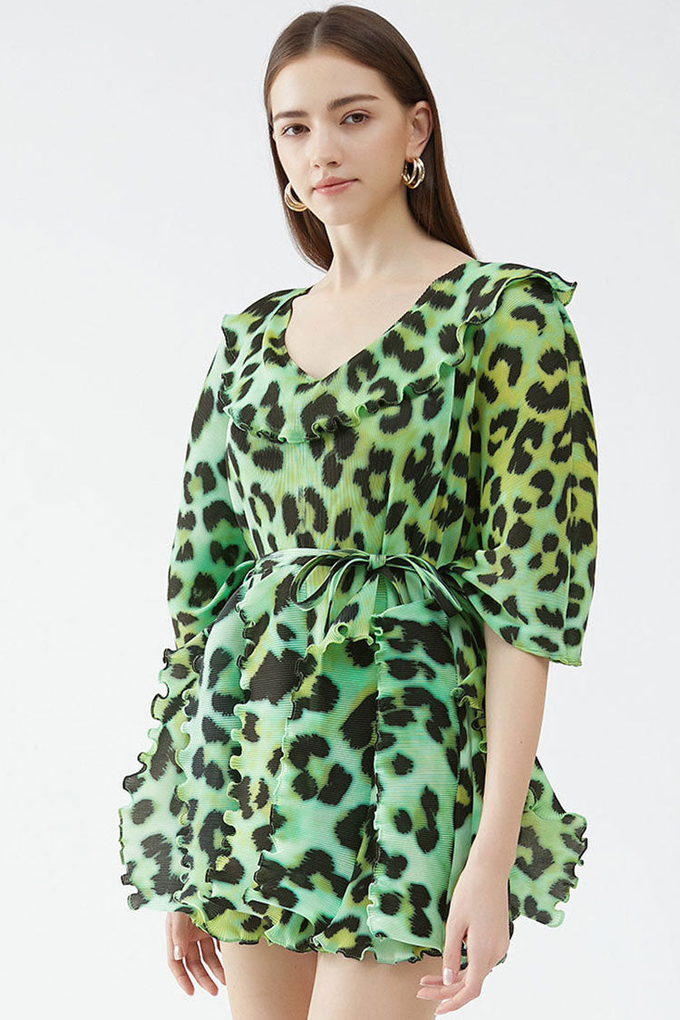 Print V-Neck Ruffle Half Sleeve Tie Waist Pleated Mini Dress