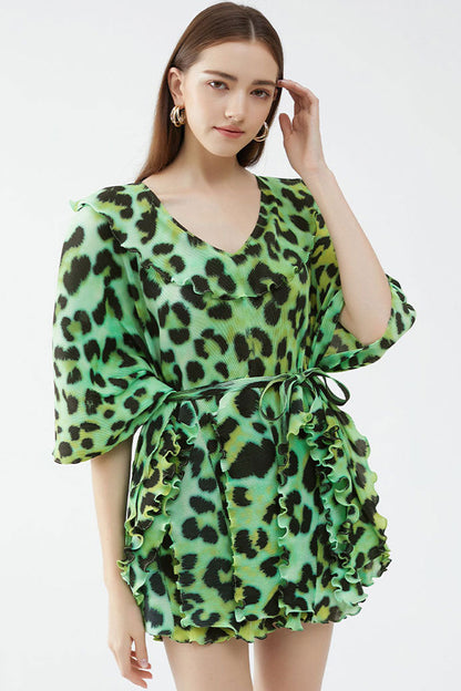 Print V-Neck Ruffle Half Sleeve Tie Waist Pleated Mini Dress