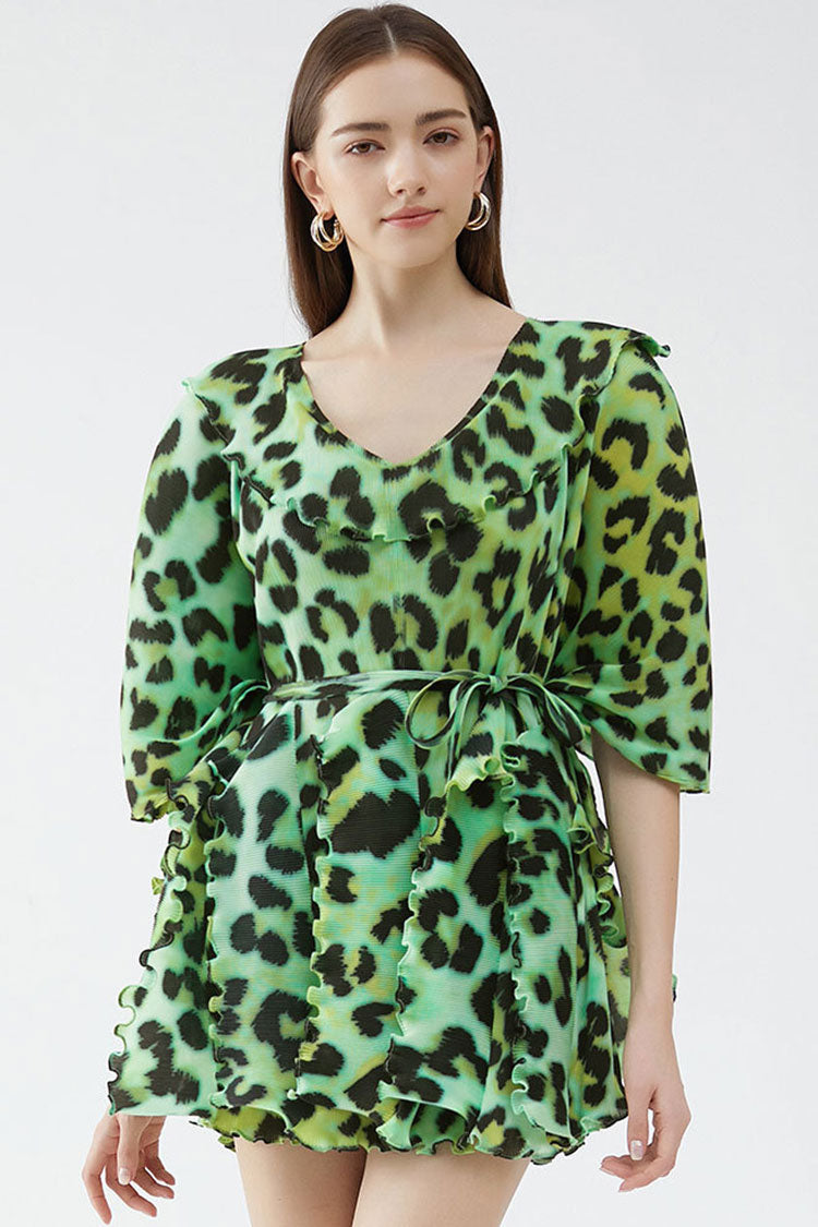 Print V-Neck Ruffle Half Sleeve Tie Waist Pleated Mini Dress