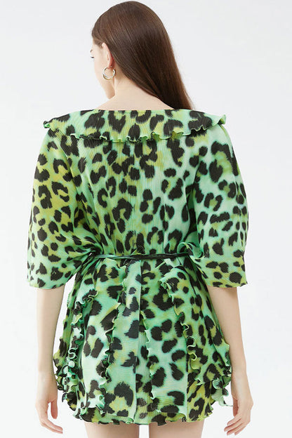 Print V-Neck Ruffle Half Sleeve Tie Waist Pleated Mini Dress