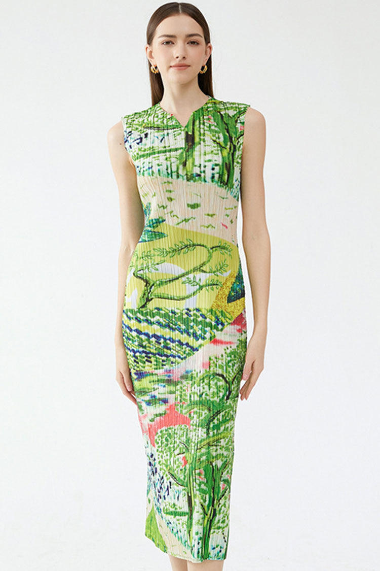 V-Neck Sleeveless Plisse Pleated Landscape Print Midi Dress