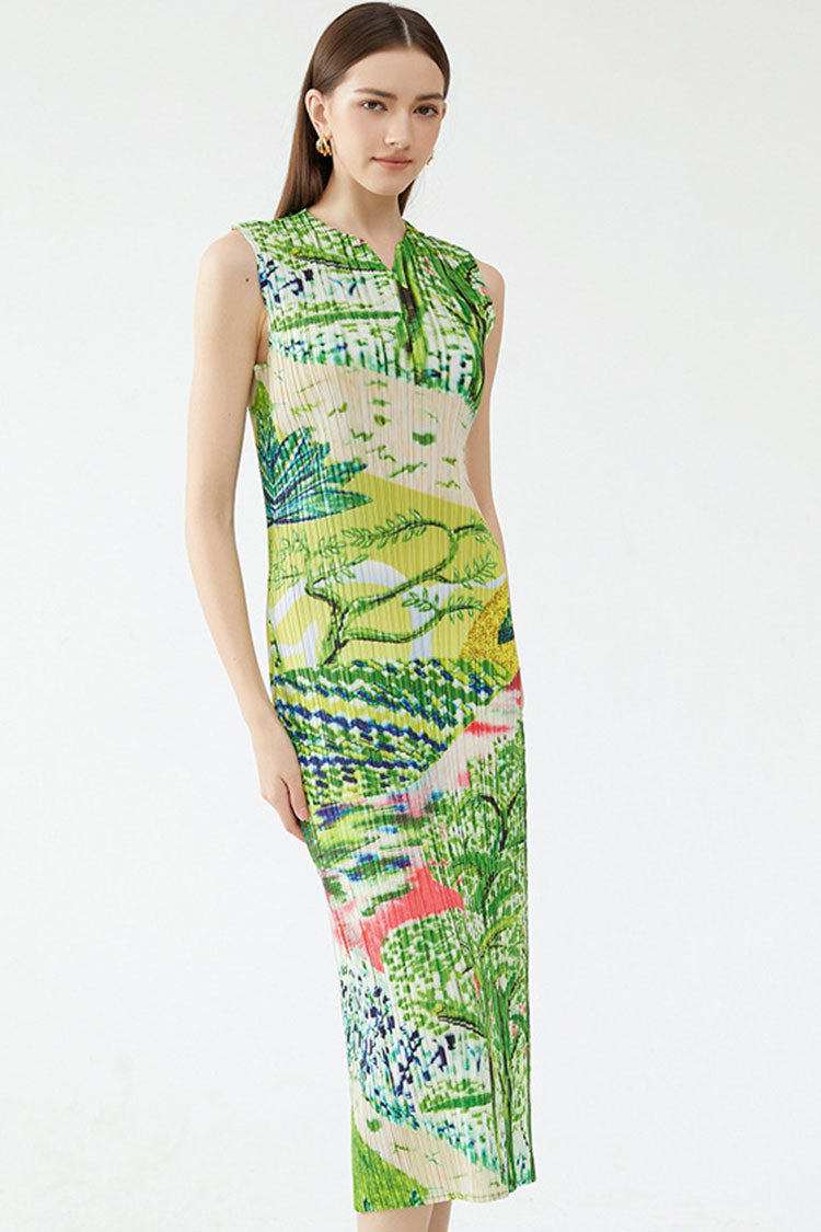 V-Neck Sleeveless Plisse Pleated Landscape Print Midi Dress