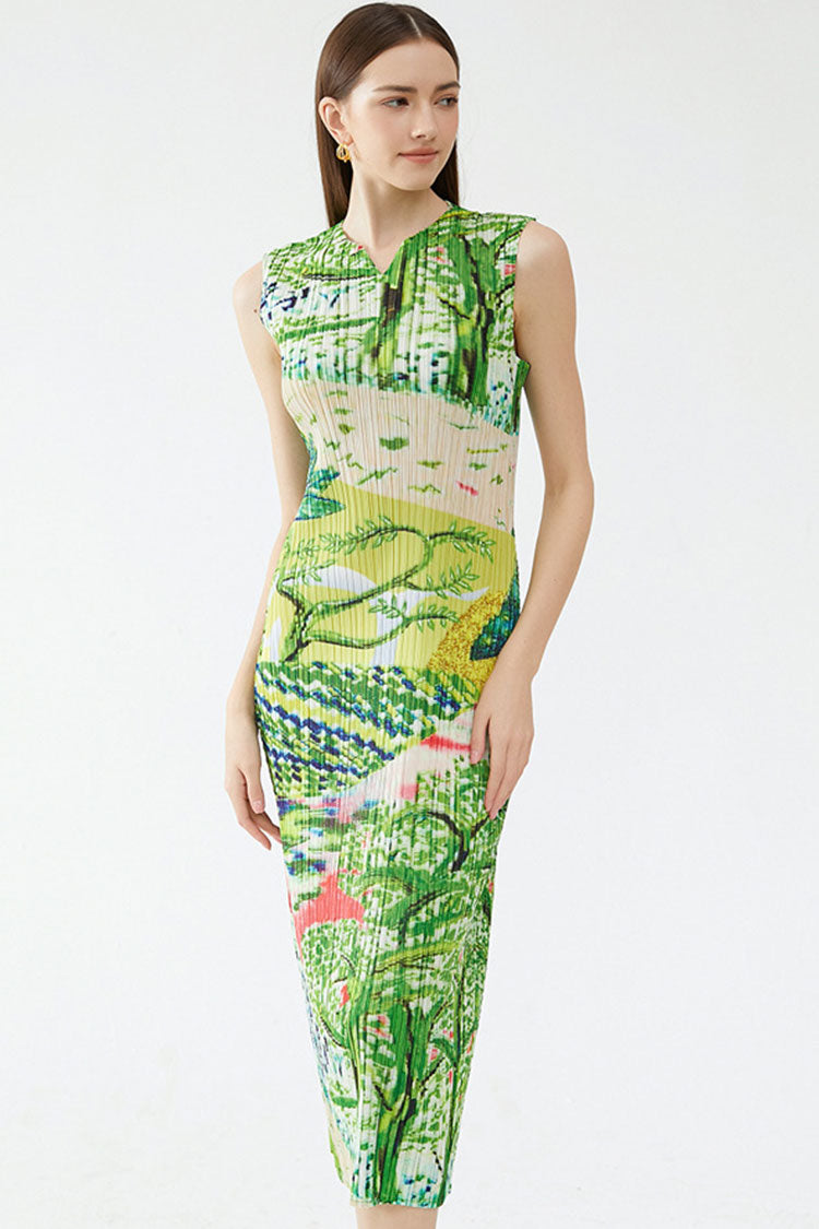V-Neck Sleeveless Plisse Pleated Landscape Print Midi Dress
