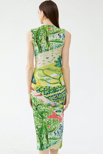 V-Neck Sleeveless Plisse Pleated Landscape Print Midi Dress