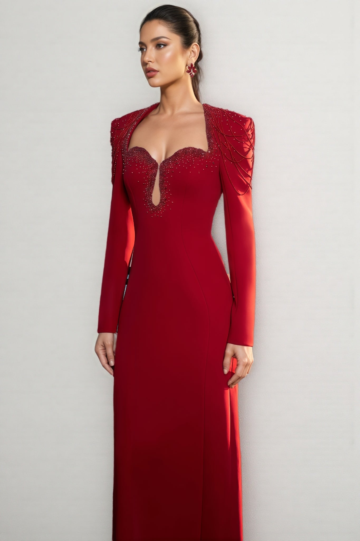 Kaelan Red Crystal Strings Cut-Out Maxi Dress
