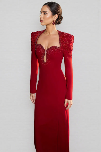Kaelan Red Crystal Strings Cut-Out Maxi Dress