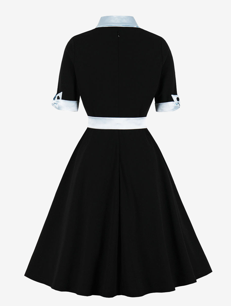 Vintage Dress 1950s Yellow Two-Tone Bows Short Sleeves Embellished Collar Medium Swing Dress