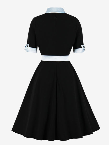 Vintage Dress 1950s Yellow Two-Tone Bows Short Sleeves Embellished Collar Medium Swing Dress