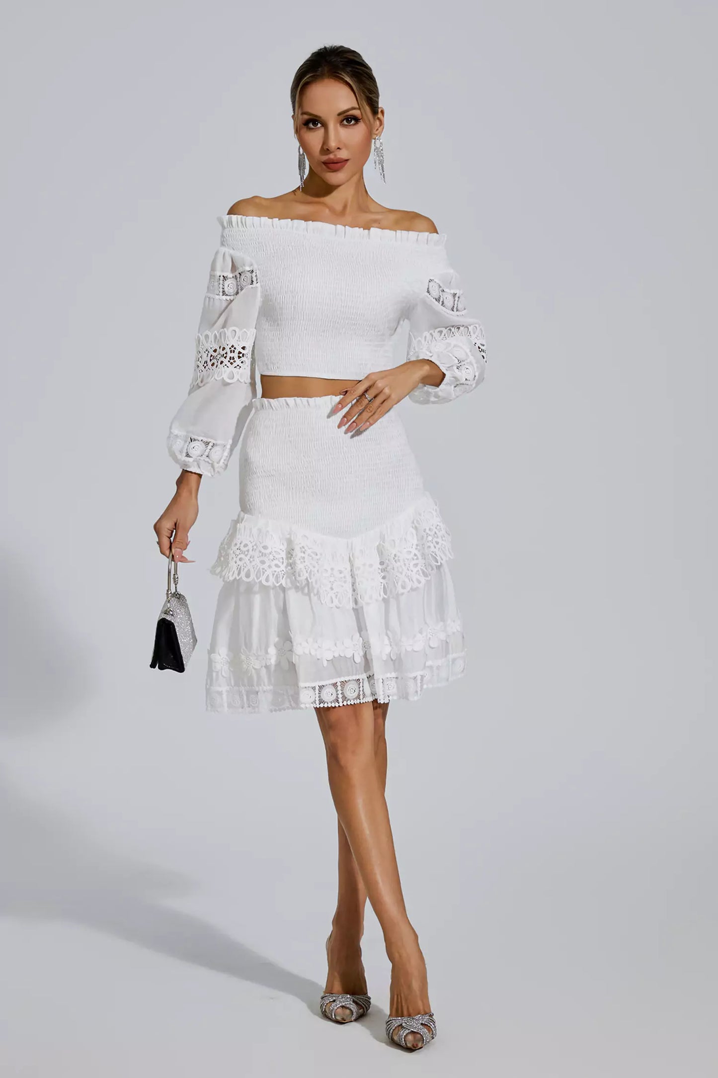 Raina White One-Shoulder Embroidered Set