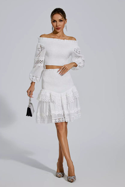 Raina White One-Shoulder Embroidered Set