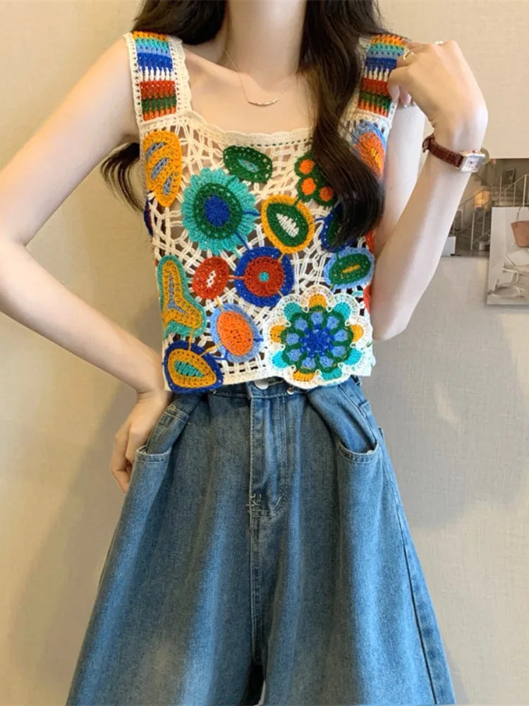 Crochet Multicolor Embroidery Floral Crop Top