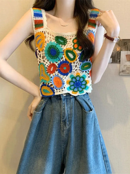 Crochet Multicolor Embroidery Floral Crop Top