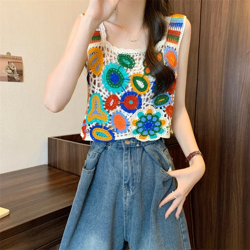 Crochet Multicolor Embroidery Floral Crop Top