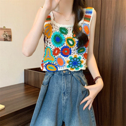 Crochet Multicolor Embroidery Floral Crop Top