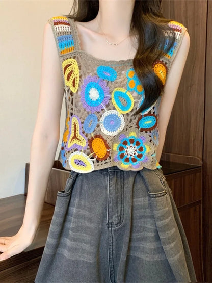 Crochet Multicolor Embroidery Floral Crop Top