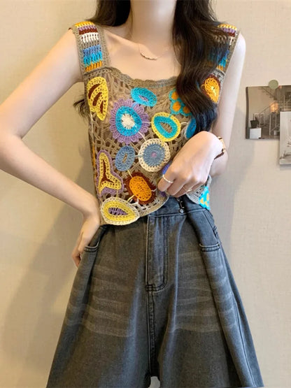 Crochet Multicolor Embroidery Floral Crop Top