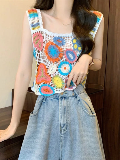 Crochet Multicolor Embroidery Floral Crop Top