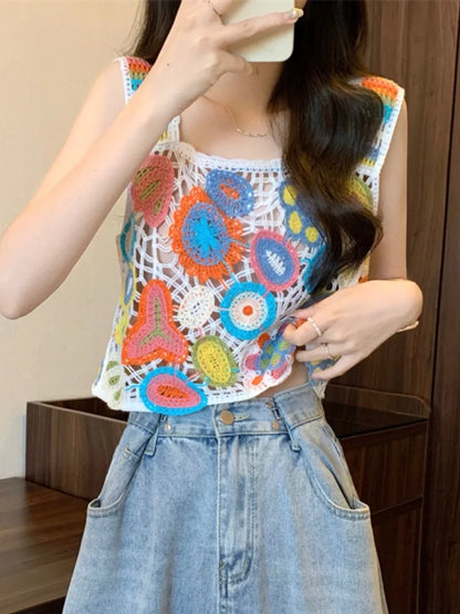 Crochet Multicolor Embroidery Floral Crop Top