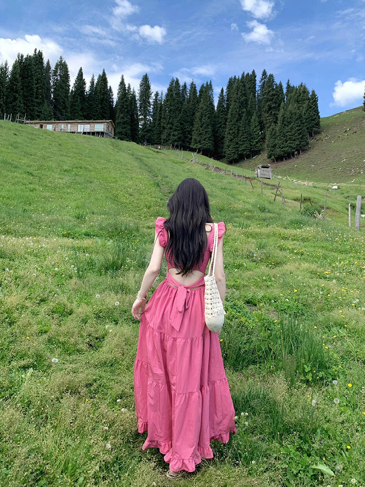 Raspberry Pink Backless Tiered Dress Fairycore Sundress