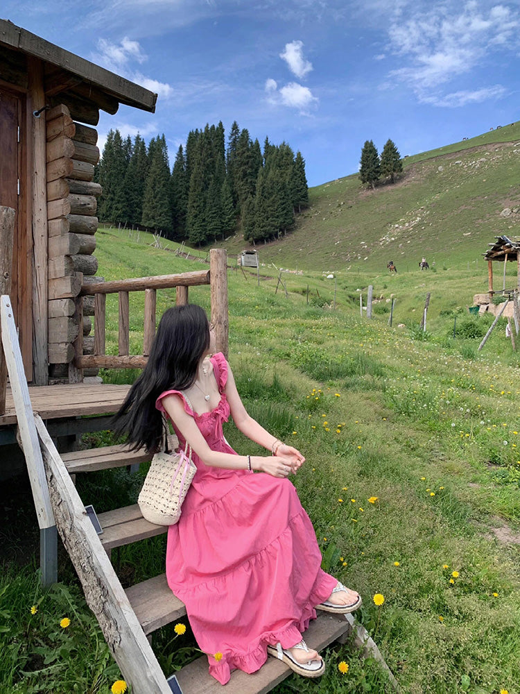 Raspberry Pink Backless Tiered Dress Fairycore Sundress