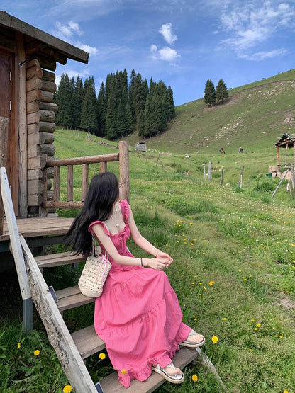 Raspberry Pink Backless Tiered Dress Fairycore Sundress