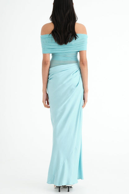 Reanko Off Shoulder Ruched Mesh Maxi Dress - Blue