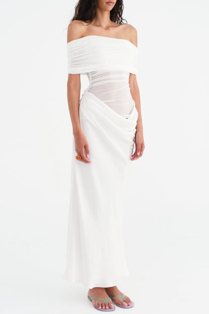 Reanko Off Shoulder Ruched Mesh Maxi Dress - White