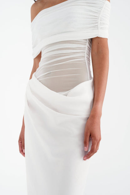 Reanko Off Shoulder Ruched Mesh Maxi Dress - White