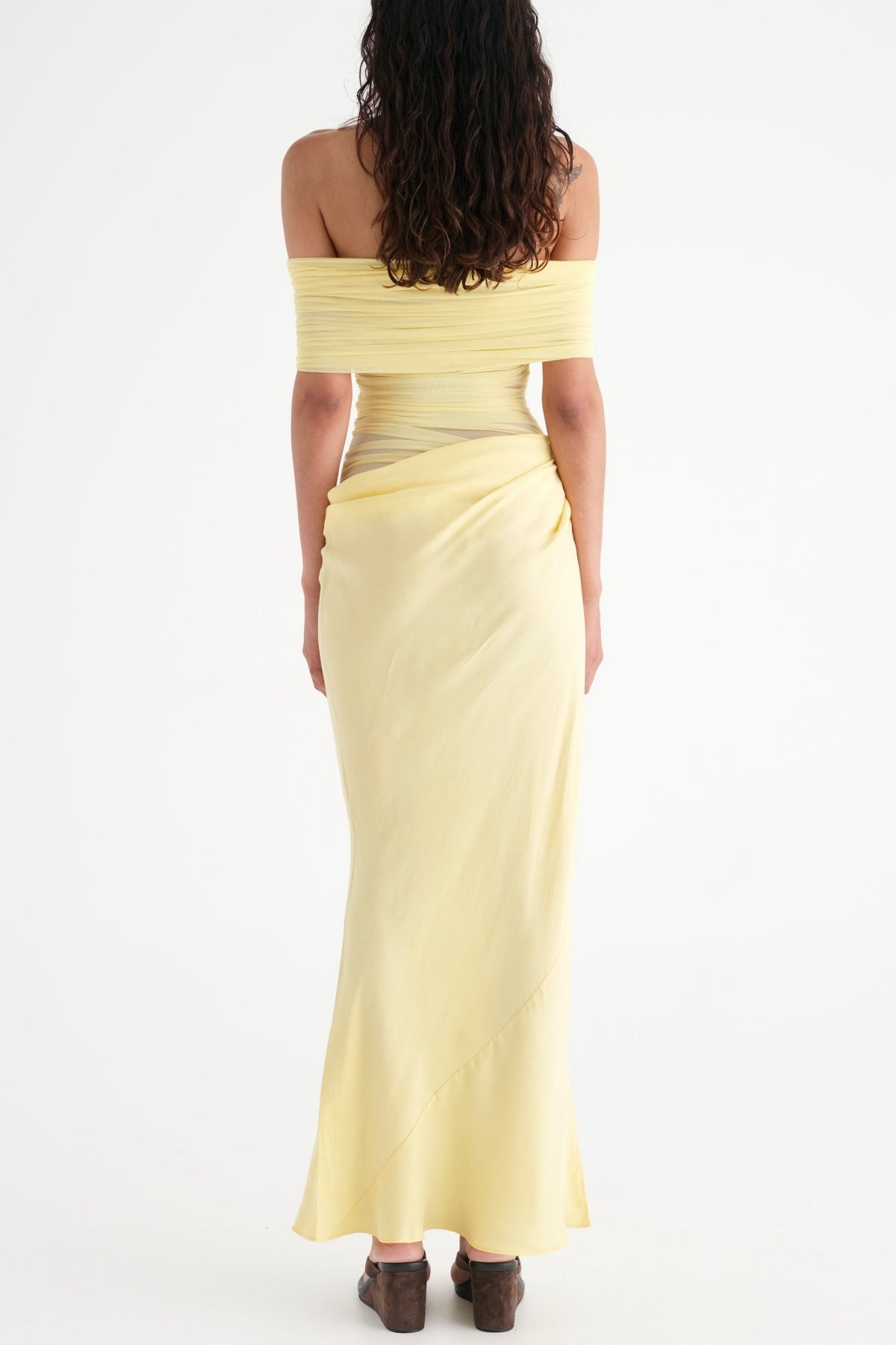 Reanko Off Shoulder Ruched Mesh Maxi Dress - Yellow
