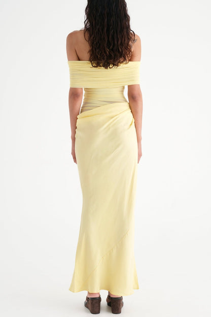 Reanko Off Shoulder Ruched Mesh Maxi Dress - Yellow