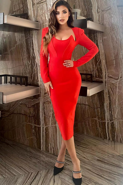 Alaina Long Sleeve Midi Work Dress-Red