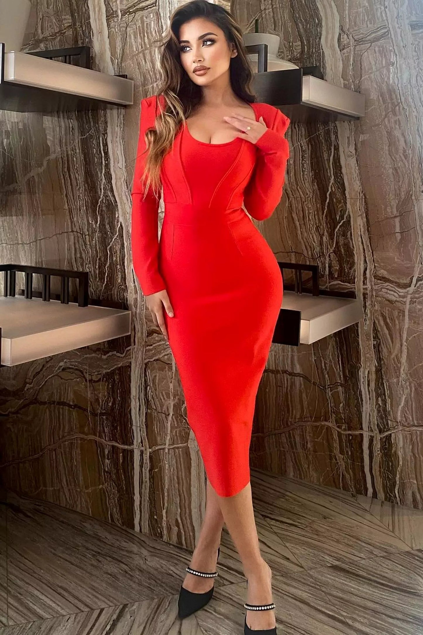 Alaina Long Sleeve Midi Work Dress-Red