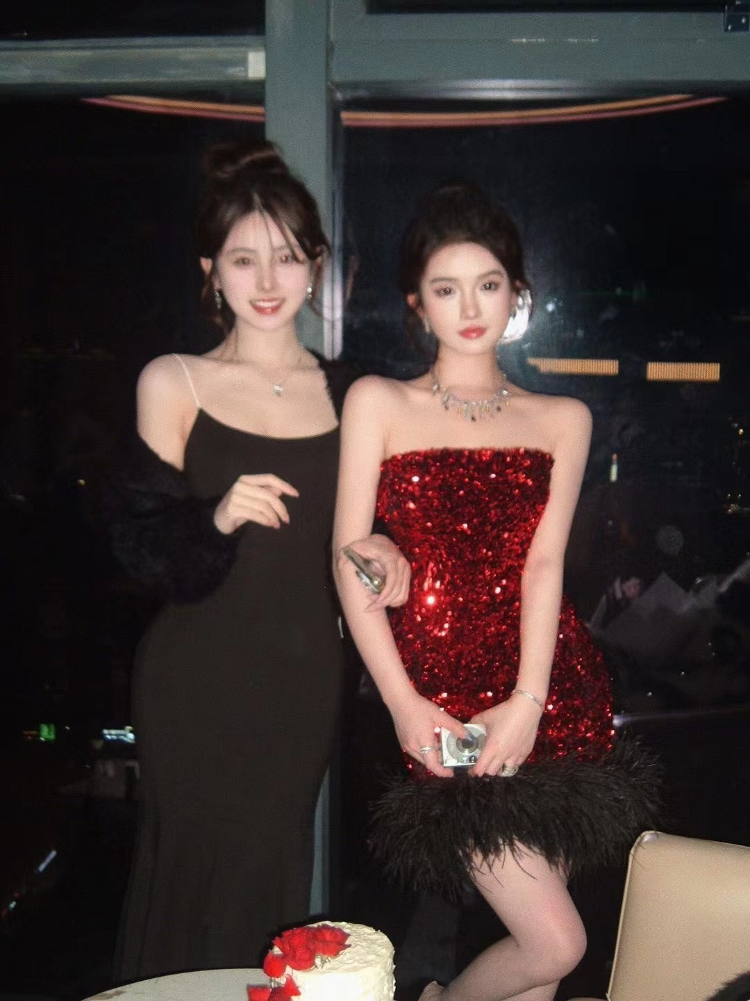 Red Feather Sequin Strapless Dress Sexy Party Night Mini Dress