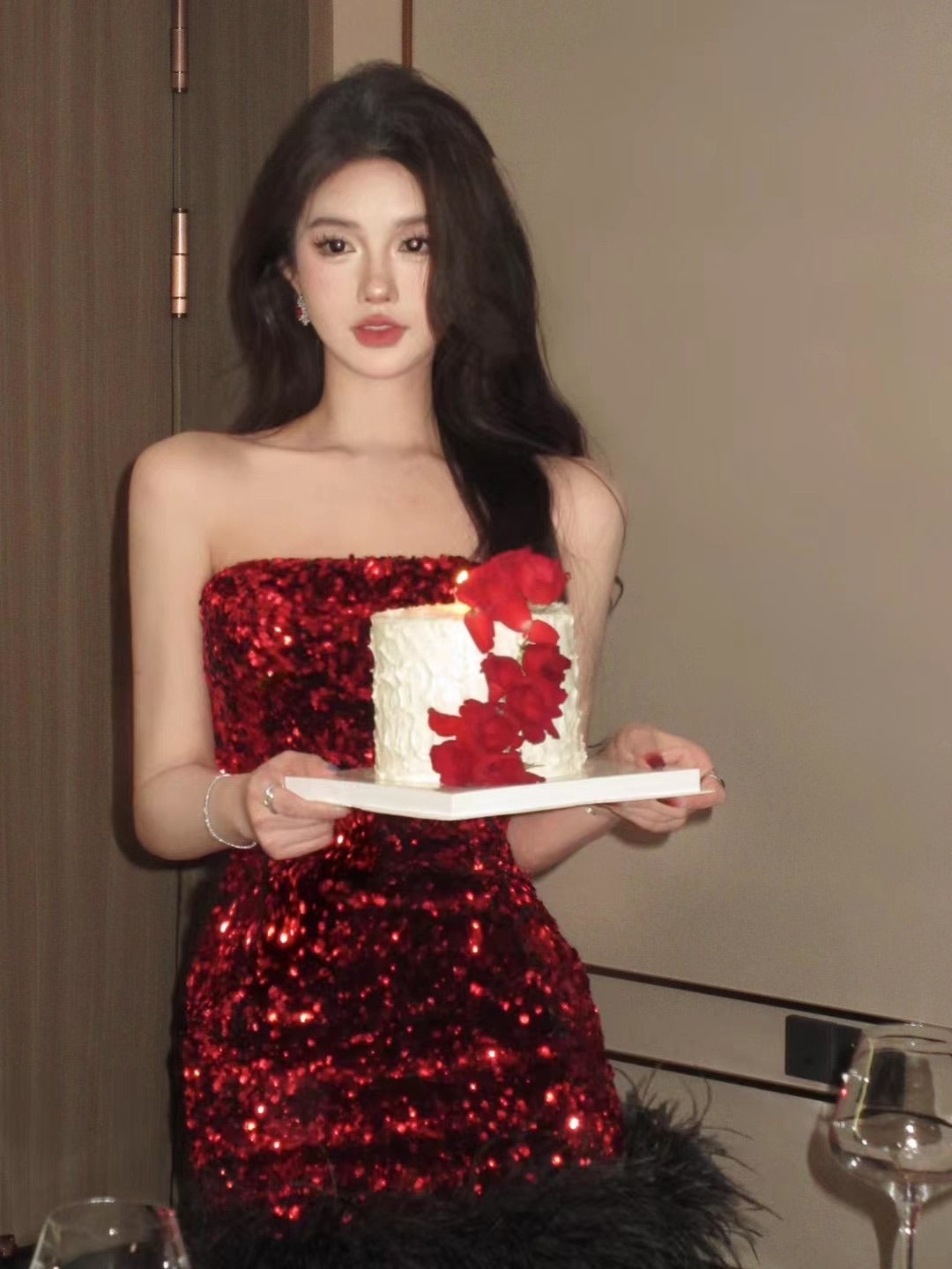 Red Feather Sequin Strapless Dress Sexy Party Night Mini Dress