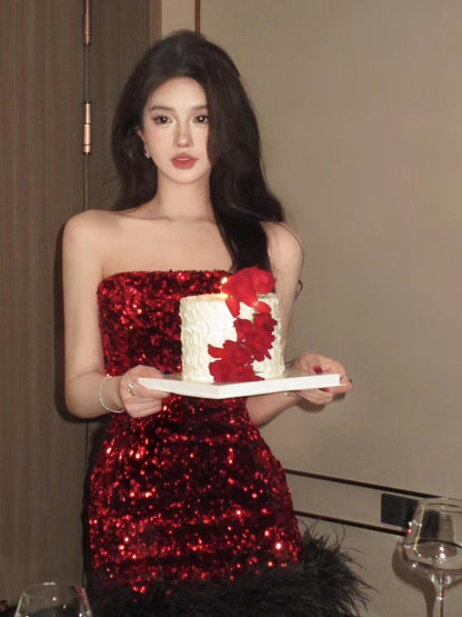 Red Feather Sequin Strapless Dress Sexy Party Night Mini Dress