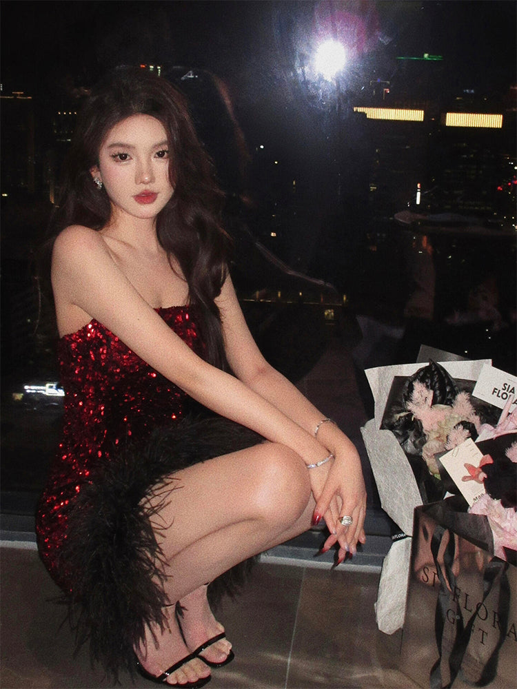 Red Feather Sequin Strapless Dress Sexy Party Night Mini Dress