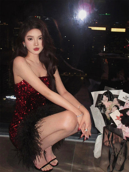 Red Feather Sequin Strapless Dress Sexy Party Night Mini Dress
