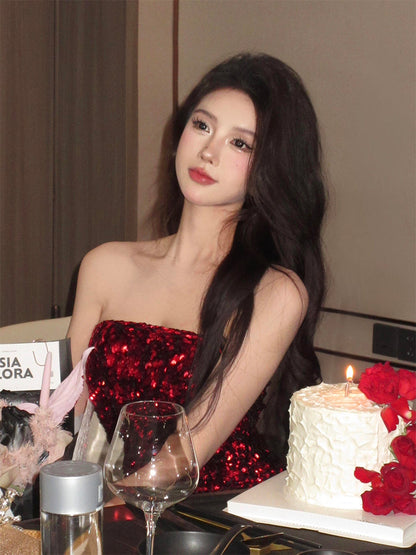 Red Feather Sequin Strapless Dress Sexy Party Night Mini Dress