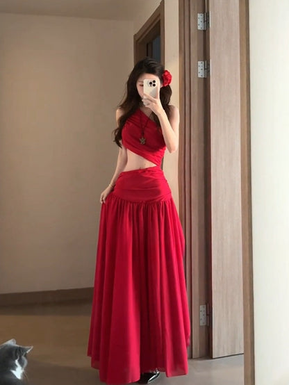 Red Flowy Maxi Dress Stunning Open-Back Chiffon Vacation Dress