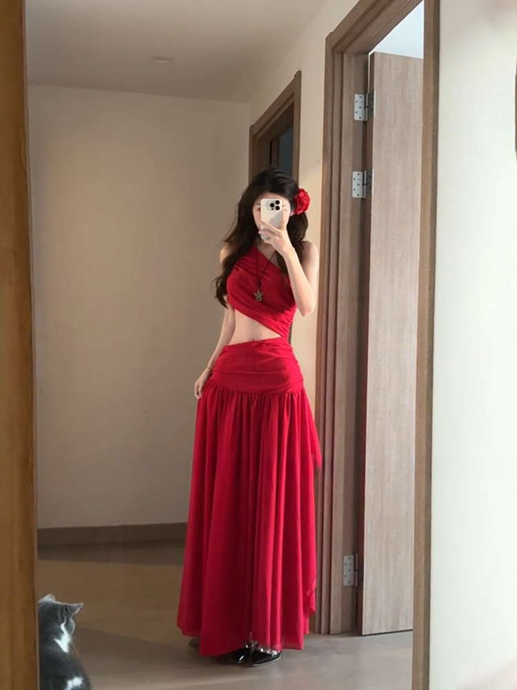 Red Flowy Maxi Dress Stunning Open-Back Chiffon Vacation Dress