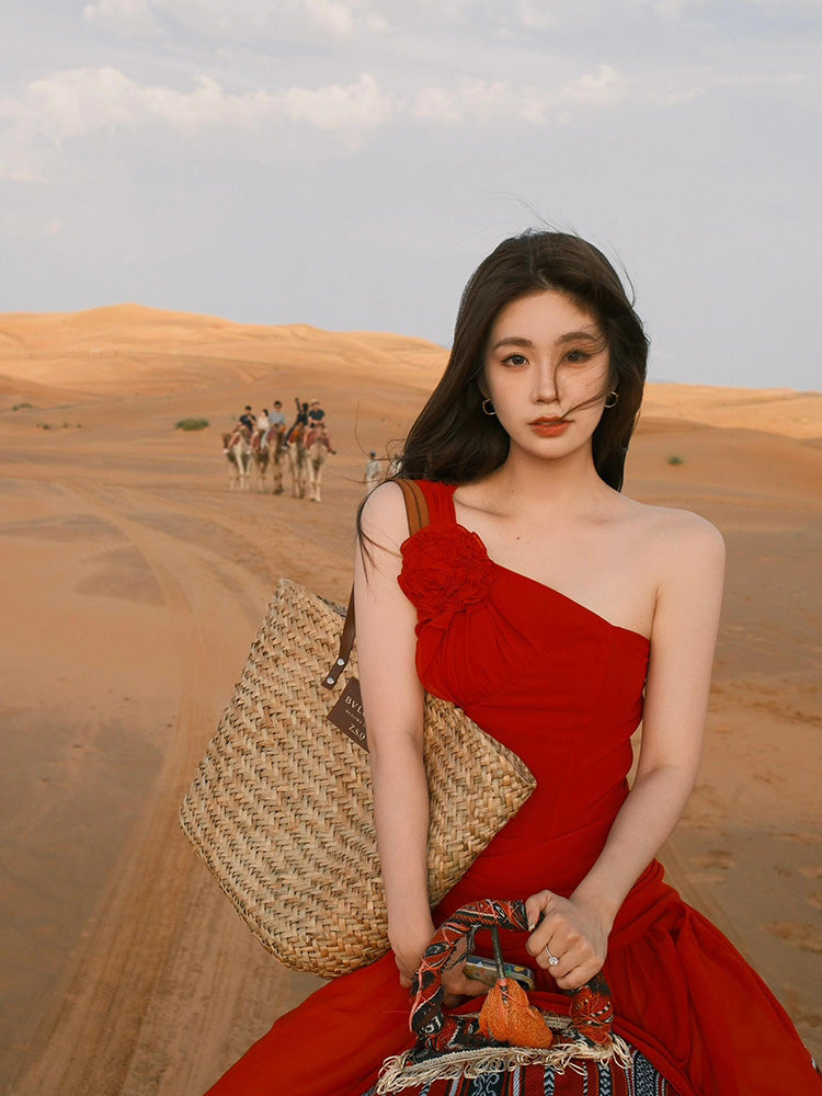 Red One-Shoulder Floral Maxi Dress Romantic & Bold Desert Look