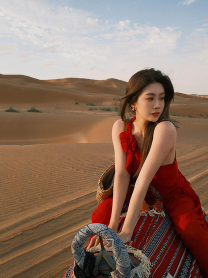 Red One-Shoulder Floral Maxi Dress Romantic & Bold Desert Look