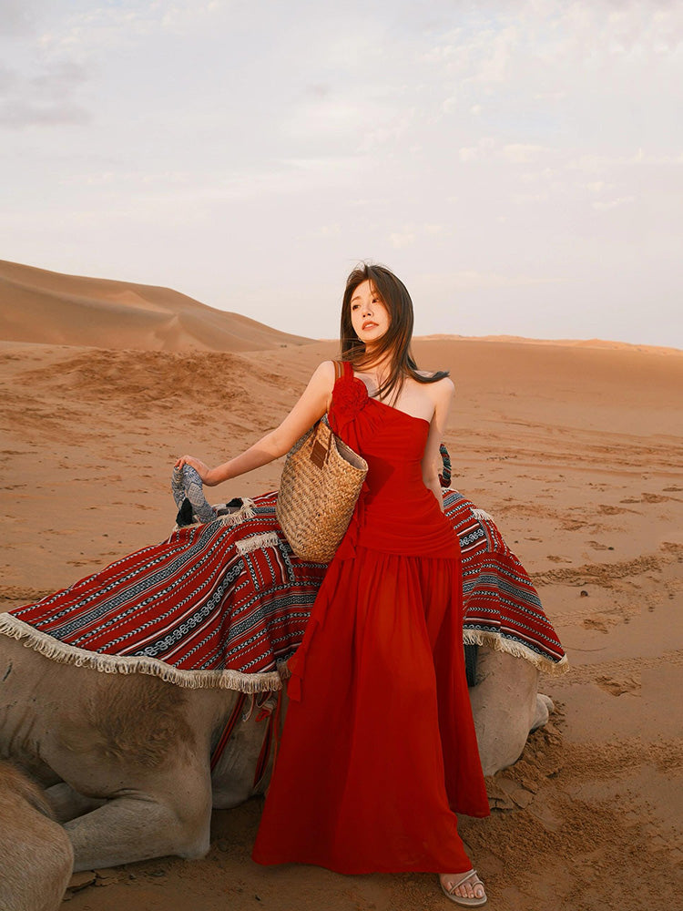Red One-Shoulder Floral Maxi Dress Romantic & Bold Desert Look