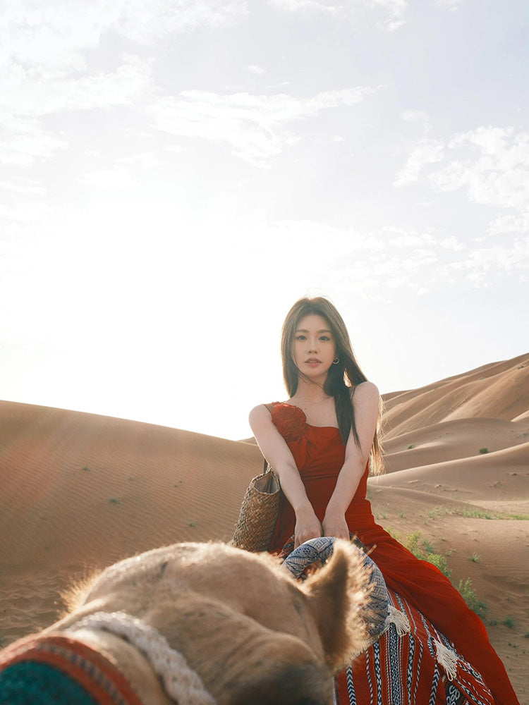 Red One-Shoulder Floral Maxi Dress Romantic & Bold Desert Look