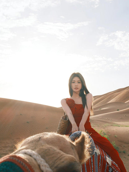 Red One-Shoulder Floral Maxi Dress Romantic & Bold Desert Look