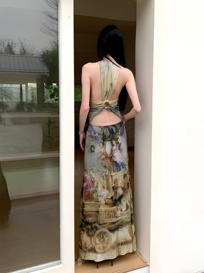 Renaissance Painting Print Halter Neck Mermaid Hem Bodycon Maxi Dress