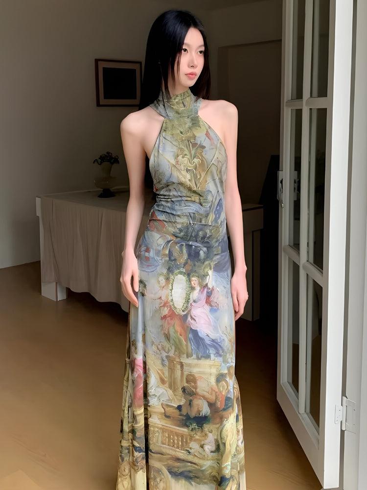 Renaissance Painting Print Halter Neck Mermaid Hem Bodycon Maxi Dress