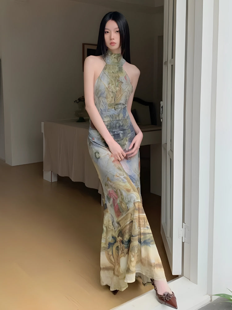 Renaissance Painting Print Halter Neck Mermaid Hem Bodycon Maxi Dress