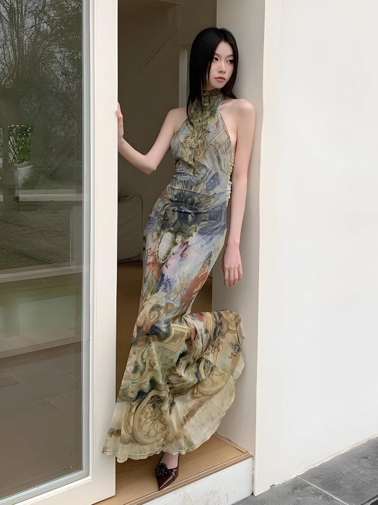 Renaissance Painting Print Halter Neck Mermaid Hem Bodycon Maxi Dress